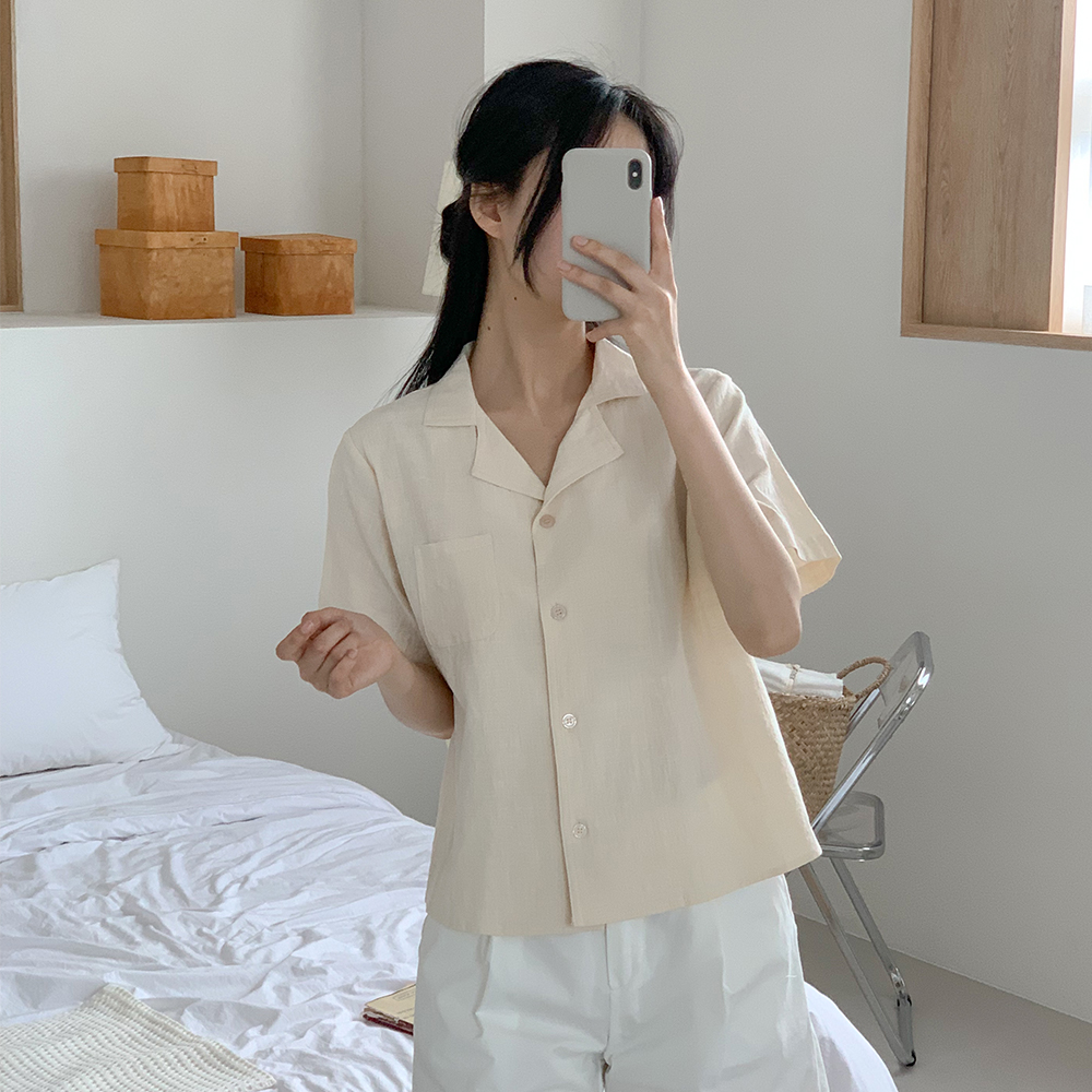 오픈 카라 여름 반팔 린넨 셔츠 블라우스 오버핏 크롭 남방 이미지 6