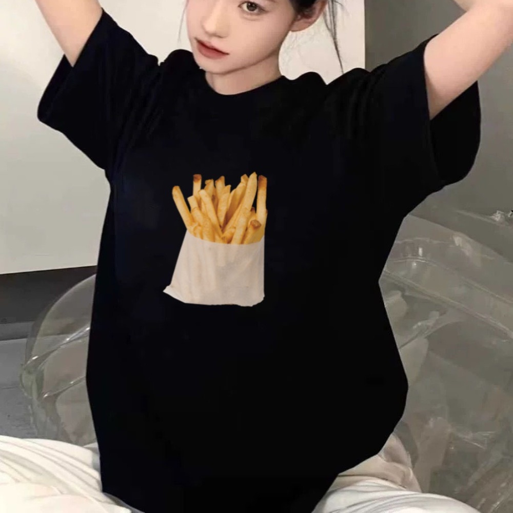 힙한 감자튀김 티셔츠 프렌치프라이 그래픽 프린팅 반팔 Y2K 남녀공용 순면 블랙 6컬러 - 상품 이미지