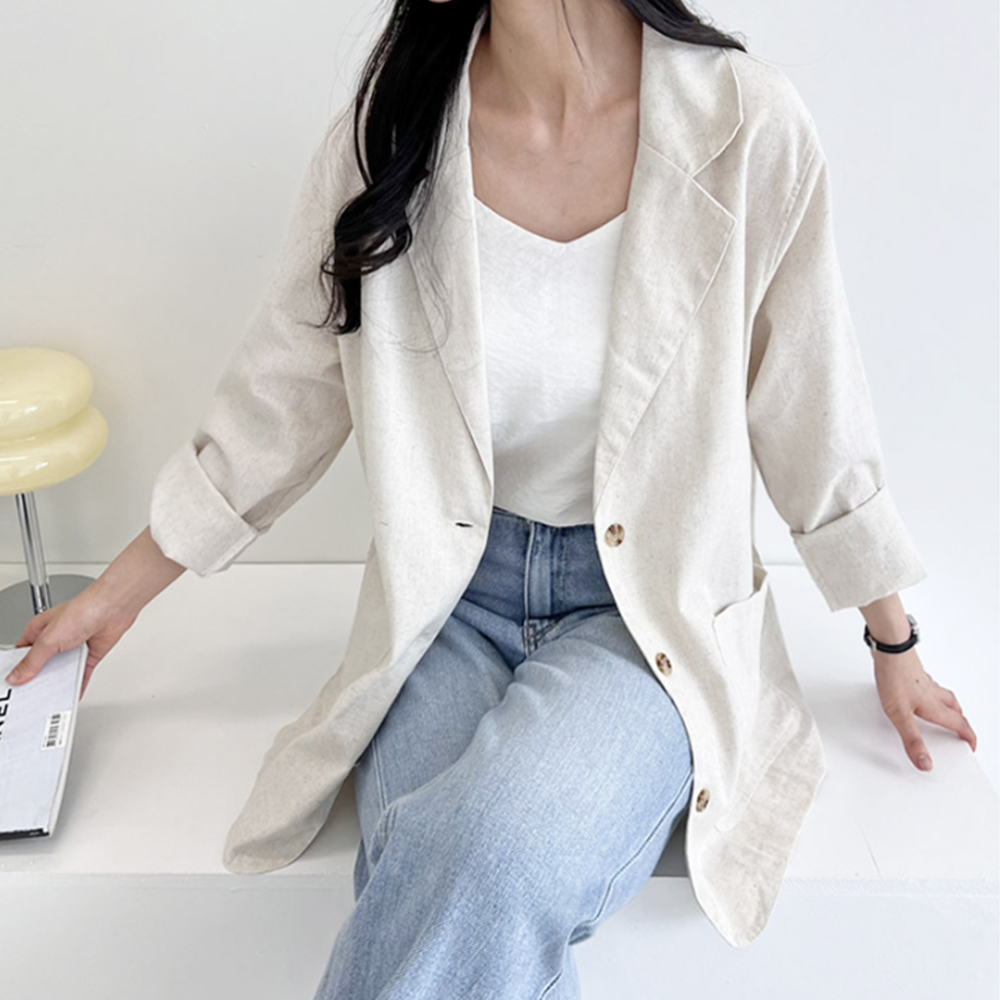 마쟈켓 여성 여름 마이 베이지 린넨 오버핏 롱 긴팔 자켓 - 상세 이미지 3