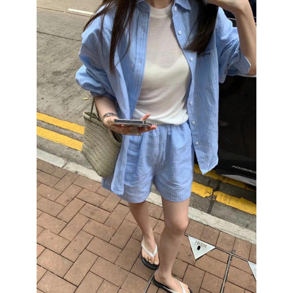 셔츠 반바지 세트 블루 루즈핏 스트라이프 셋업 동남아 휴양지 예능 아이돌 패션 - 상품 이미지