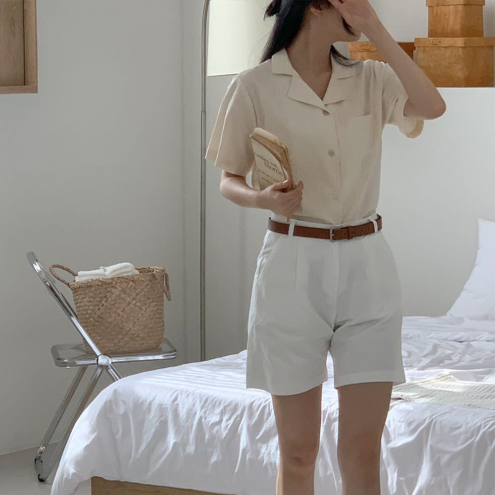 오픈 카라 여름 반팔 린넨 셔츠 블라우스 오버핏 크롭 남방 이미지 7