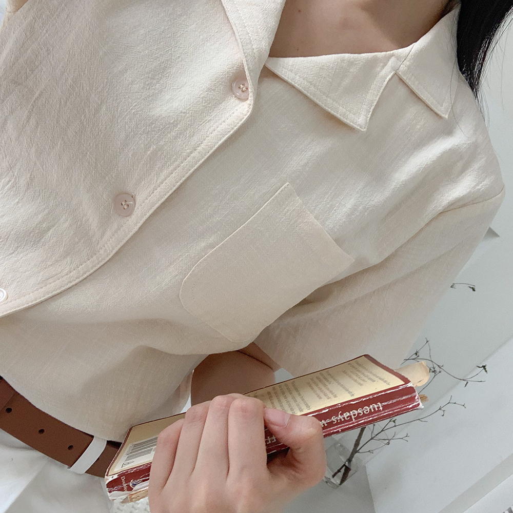 오픈 카라 여름 반팔 린넨 셔츠 블라우스 오버핏 크롭 남방 - 상세 이미지 3