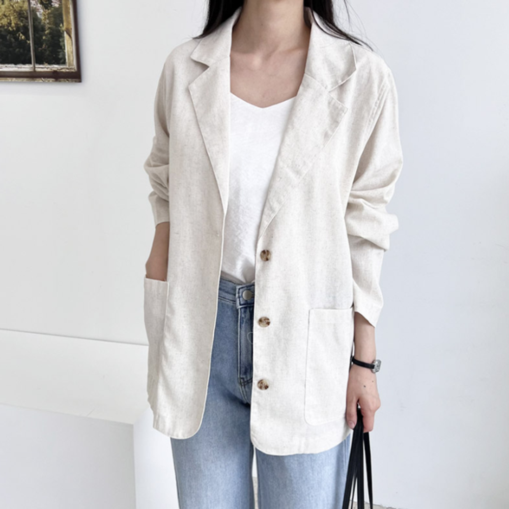 마쟈켓 여성 여름 마이 베이지 린넨 오버핏 롱 긴팔 자켓 - 상세 이미지 5