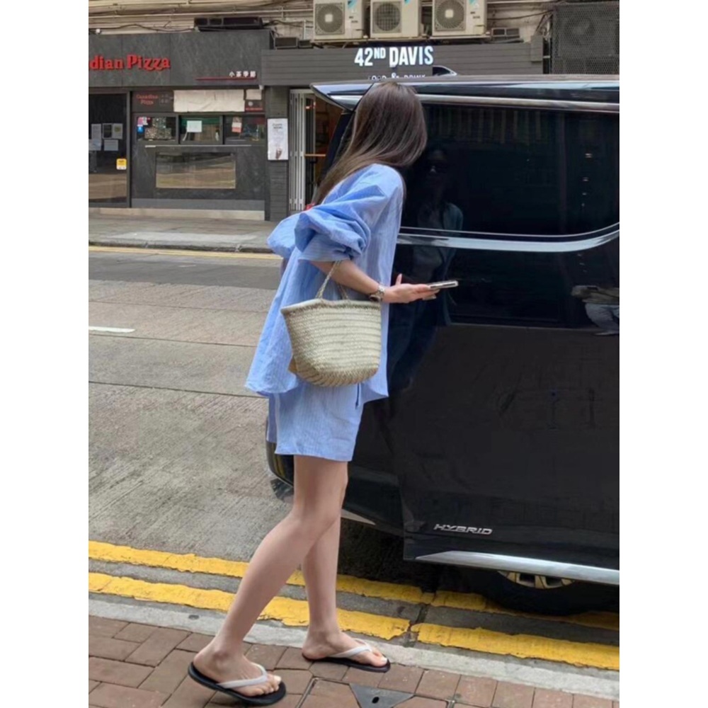 셔츠 반바지 세트 블루 루즈핏 스트라이프 셋업 동남아 휴양지 예능 아이돌 패션 - 상세 이미지 4
