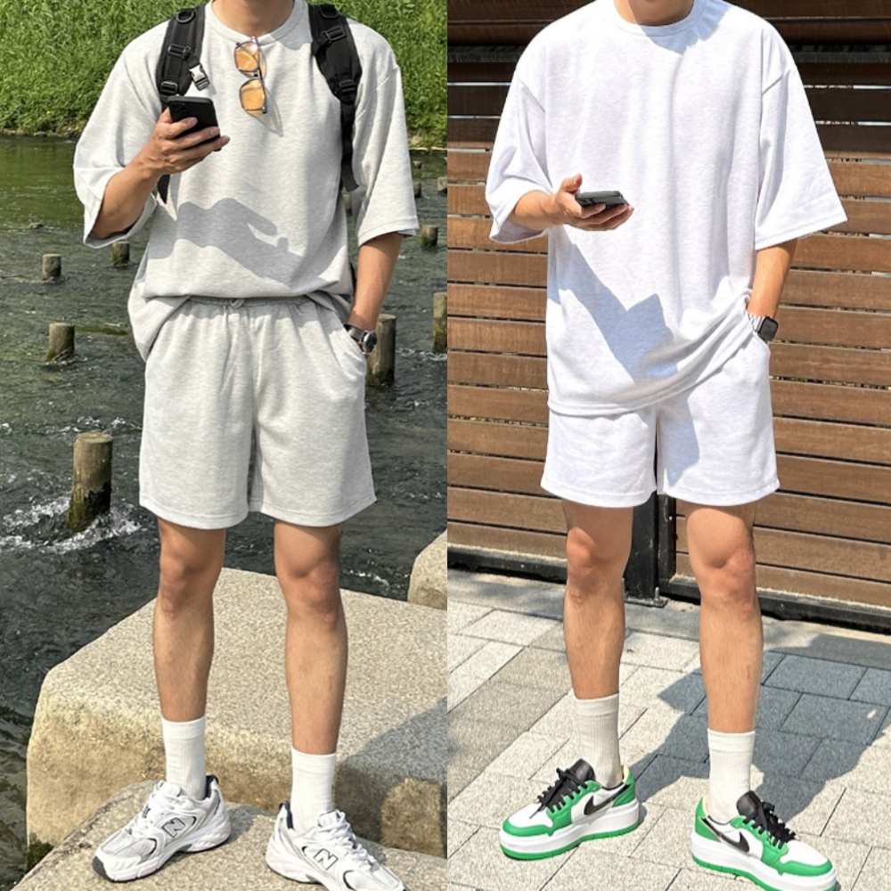 남자 듀브런트 여름 특양면 반팔 반바지 트레이닝 셋업 세트 - 메인 이미지