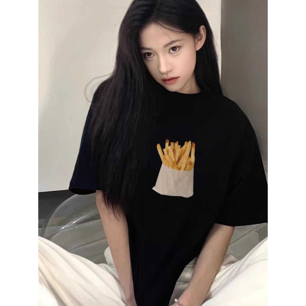 힙한 감자튀김 티셔츠 프렌치프라이 그래픽 프린팅 반팔 Y2K 남녀공용 순면 블랙 6컬러 - 상세 이미지 5