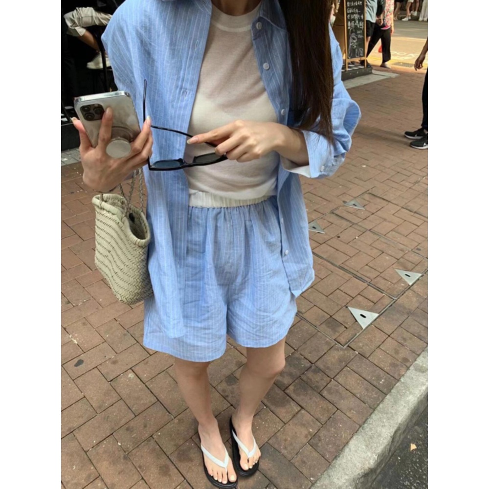 셔츠 반바지 세트 블루 루즈핏 스트라이프 셋업 동남아 휴양지 예능 아이돌 패션 - 상세 이미지 2