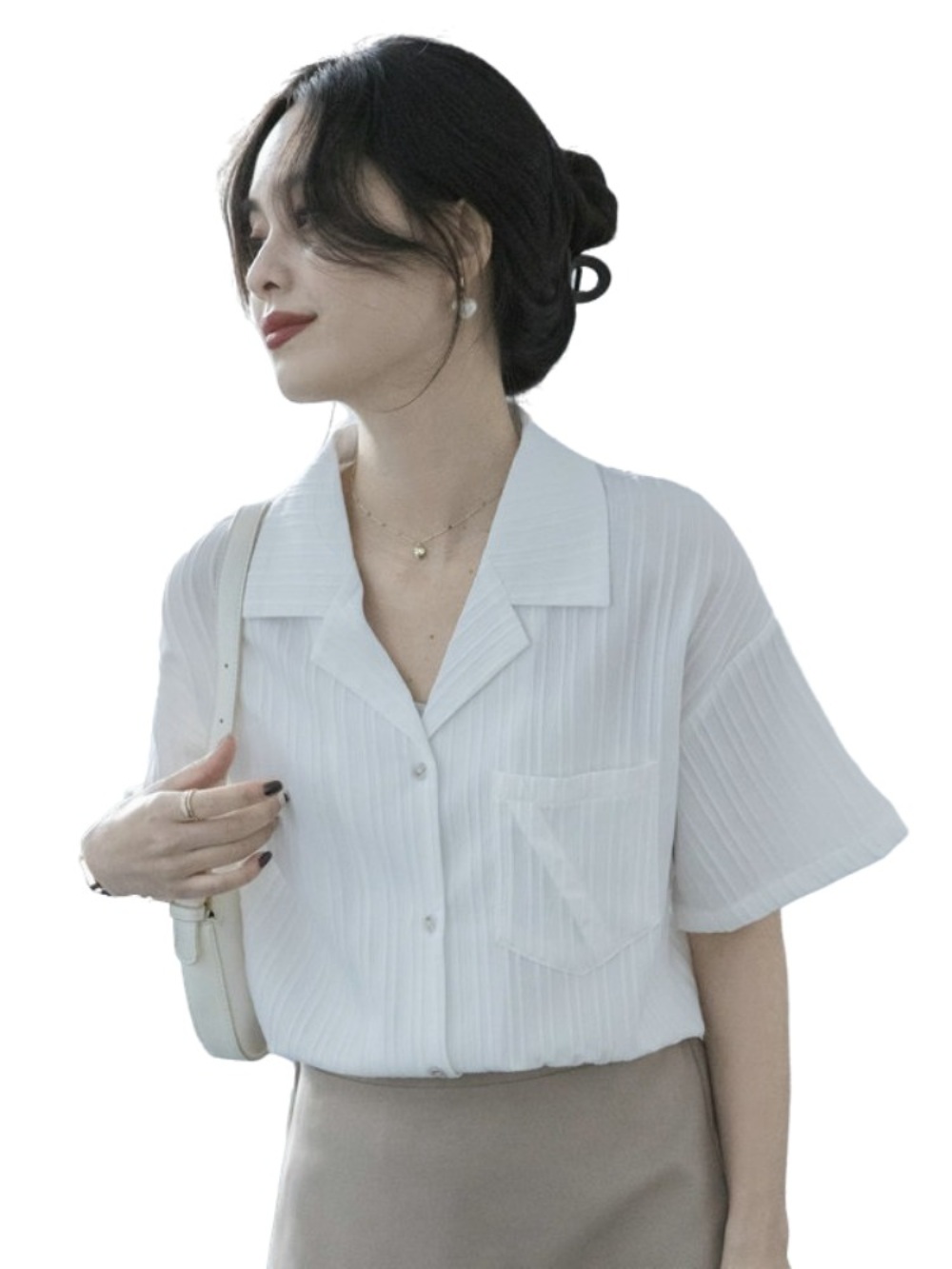 주름 카라 셔츠 블라우스 고급 루즈핏 얇은 오피스룩 패션 코디 중년여성 - 상세 이미지 5