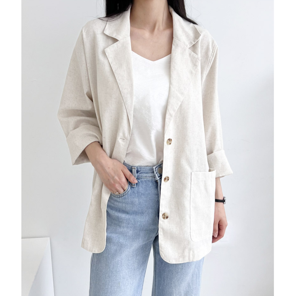 마쟈켓 여성 여름 마이 베이지 린넨 오버핏 롱 긴팔 자켓 - 상세 이미지 2