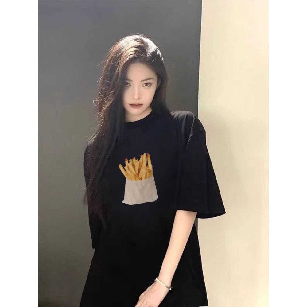 힙한 감자튀김 티셔츠 프렌치프라이 그래픽 프린팅 반팔 Y2K 남녀공용 순면 블랙 6컬러 - 상세 이미지 3