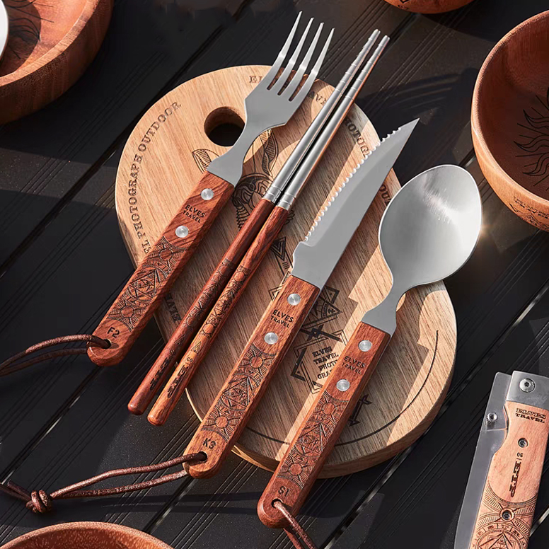 대륙의 테팔 캠핑 우드 커트러리 포크 나이프 세트 ETP
