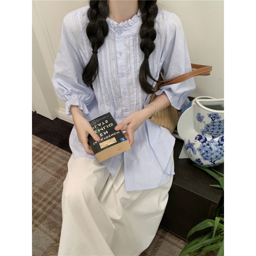 프릴 소매 블라우스 넥카라 주름 청순 여친룩 봄 여름 패션 코디 2컬러 - 상세 이미지 2