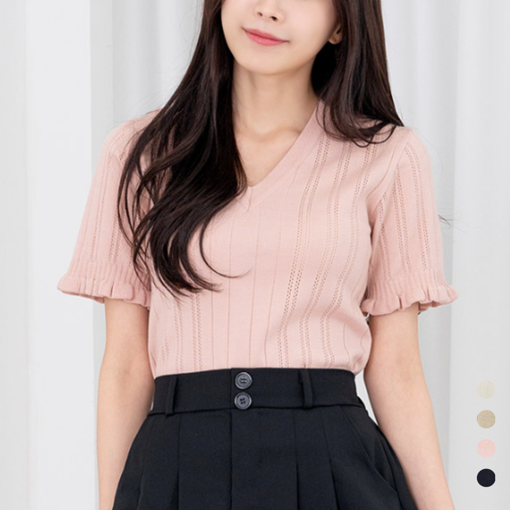 연핑크니트 핑크색 여성 여름 브이넥 반팔 펀칭 크롭니트 - 상품 이미지