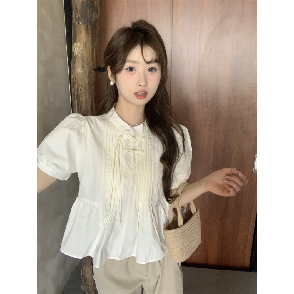 주름 반팔 블라우스 차이나카라 얇은 러블리 디자인 데이트 여름 3컬러 - 상세 이미지 3