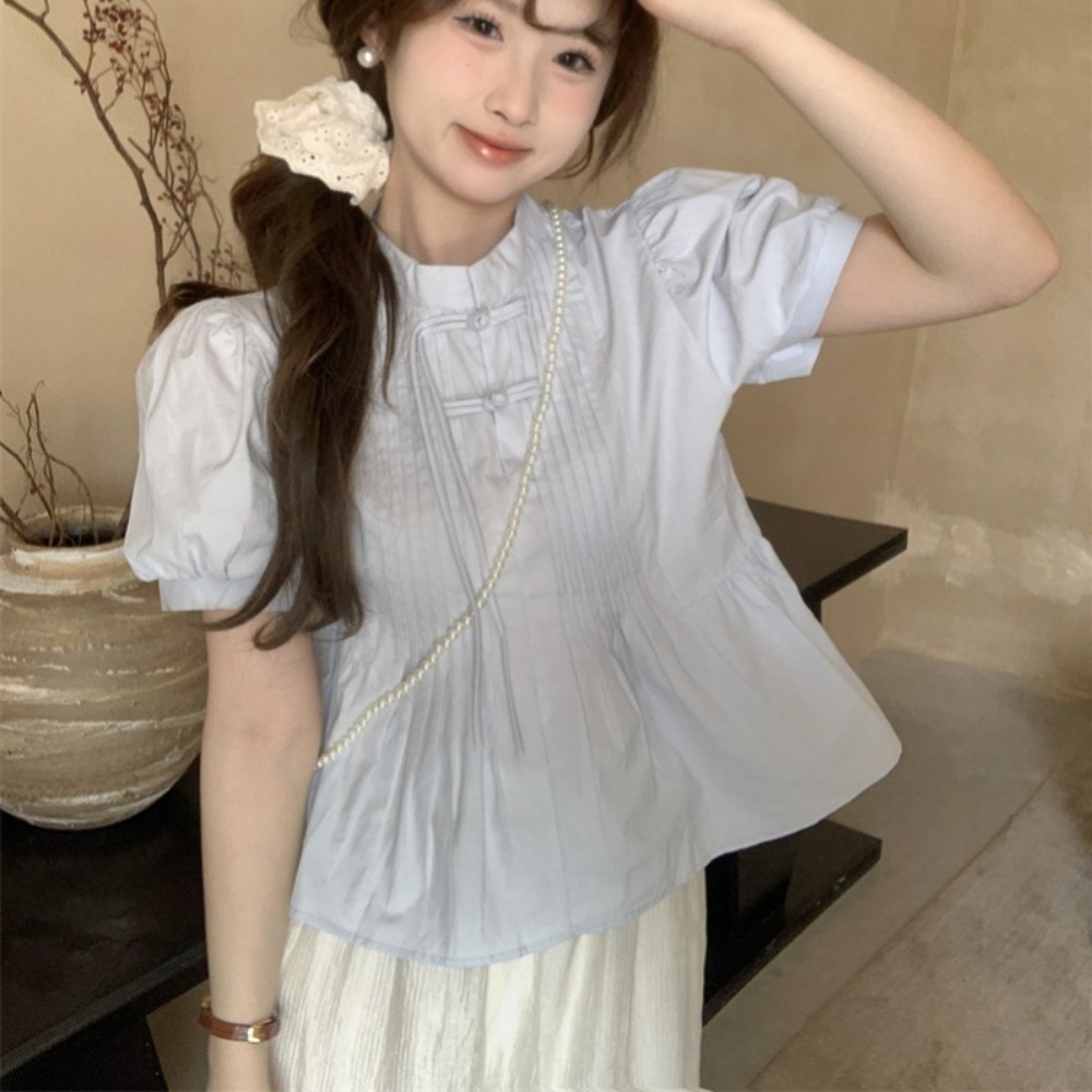 주름 반팔 블라우스 차이나카라 얇은 러블리 디자인 데이트 여름 3컬러 - 상품 이미지
