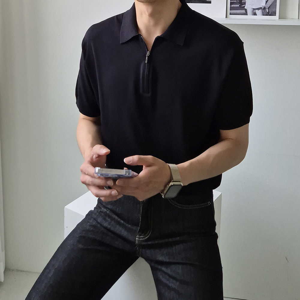 남자반팔티 오버핏 피케 티셔으 집업 헨리넥 반팔 - 상품 이미지