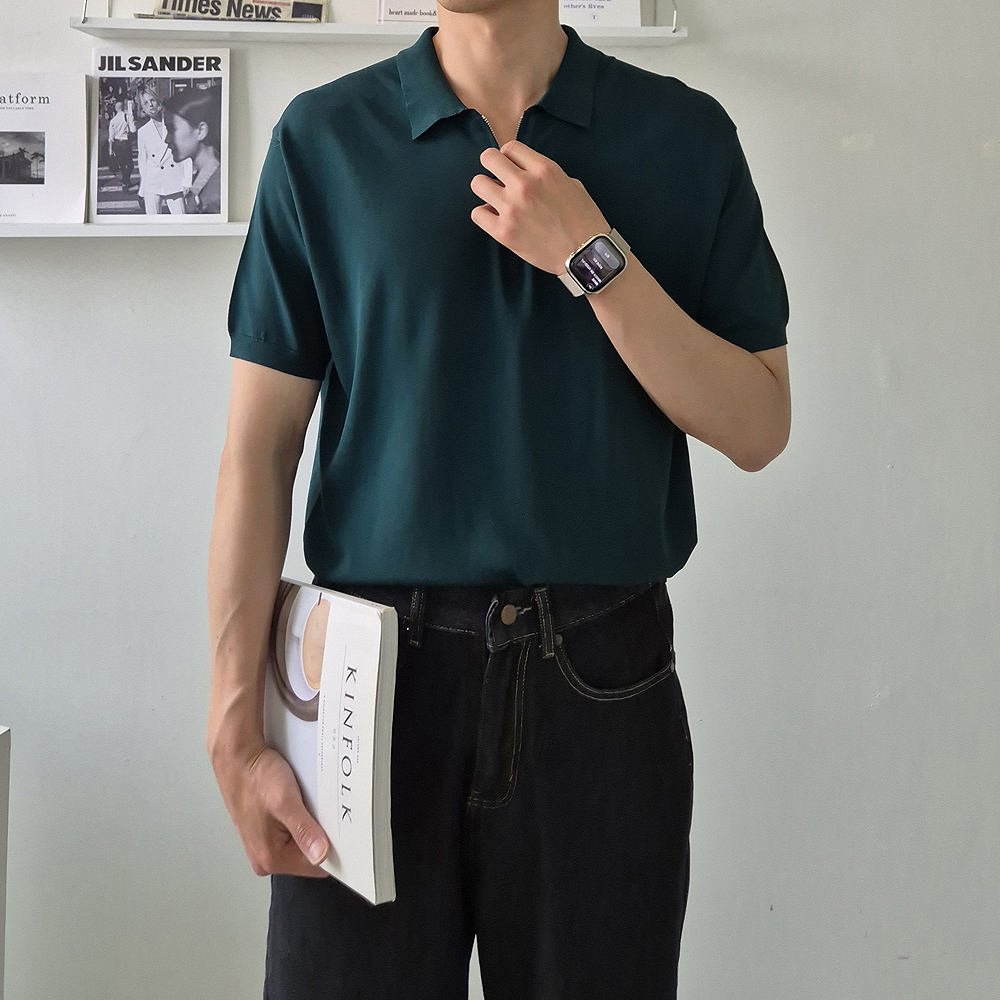 남자반팔티 오버핏 피케 티셔으 집업 헨리넥 반팔 - 상세 이미지 4