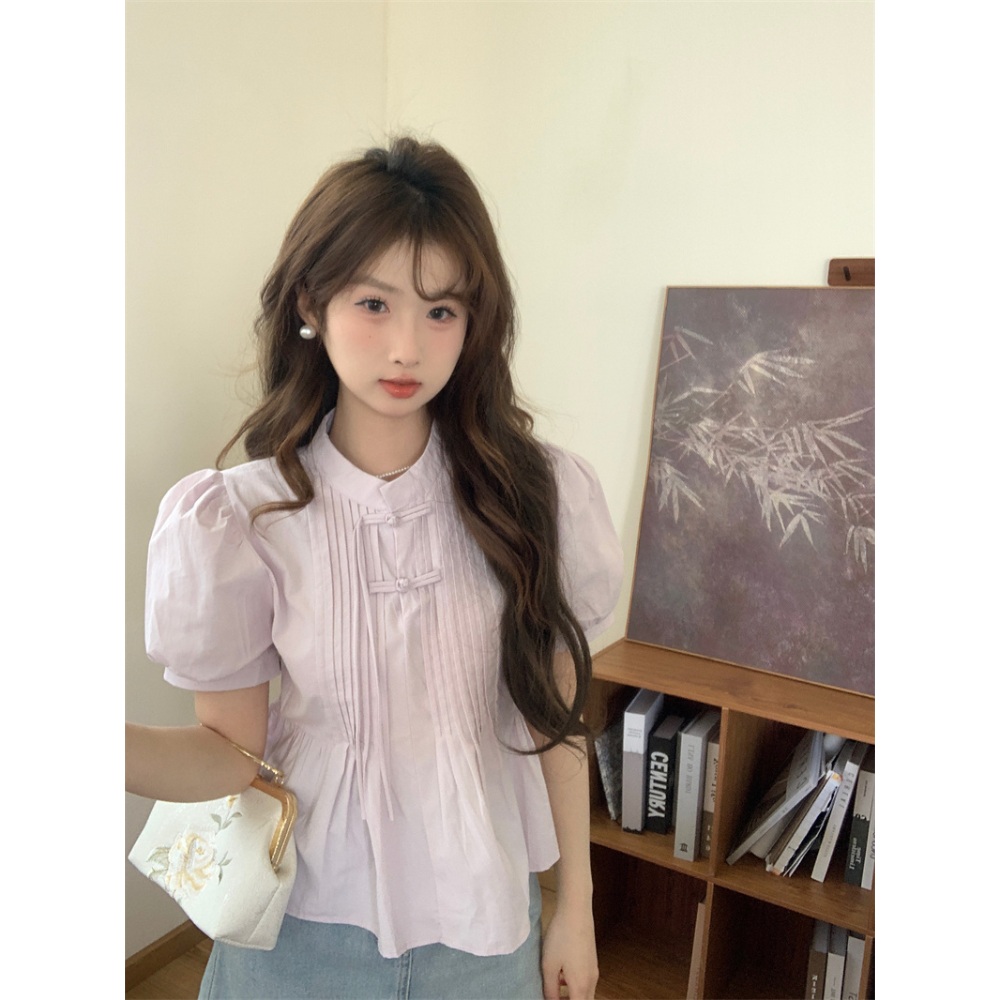 주름 반팔 블라우스 차이나카라 얇은 러블리 디자인 데이트 여름 3컬러 - 상세 이미지 5