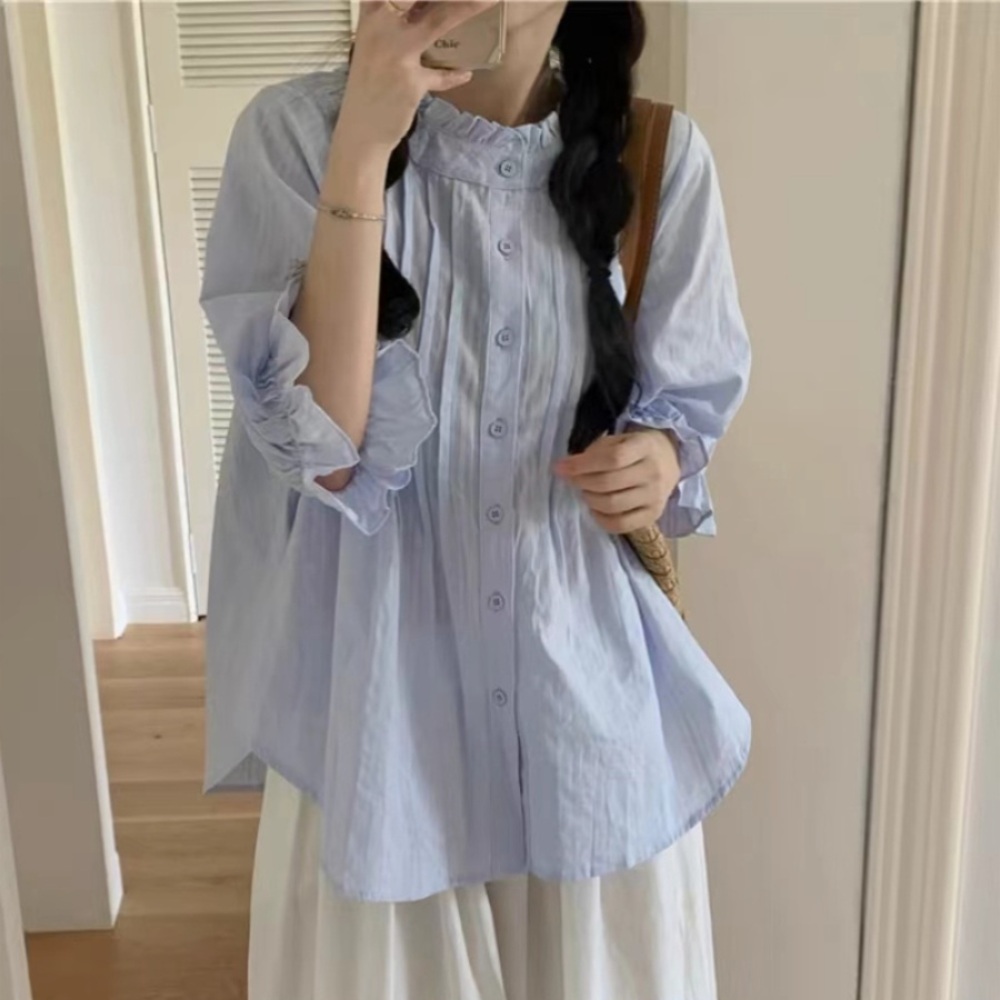 프릴 소매 블라우스 넥카라 주름 청순 여친룩 봄 여름 패션 코디 2컬러 - 상품 이미지