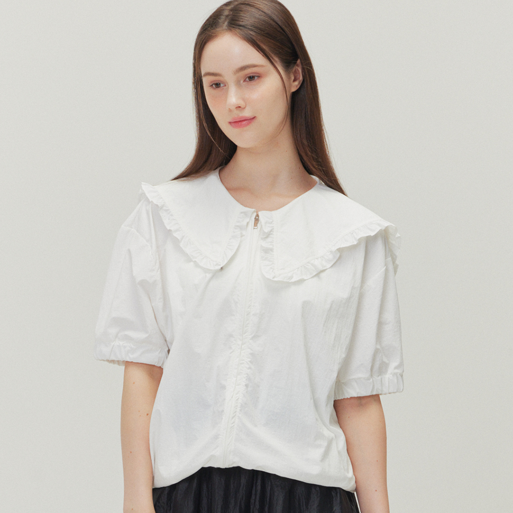 [러플 집업 블라우스] 방수 나일론 프릴 빅 카라 바스락 셔츠 애견 미용 가운 미용사