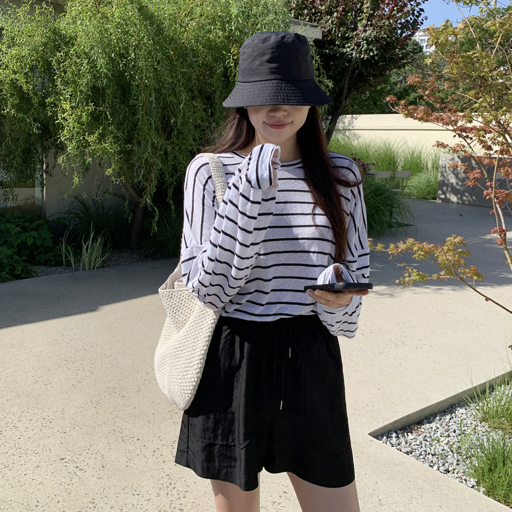 오버핏 슬라브 린넨 스트라이프 티셔츠 썸머 여성 티셔츠 얇은 박스티 여자 여름 긴팔티 이미지 2