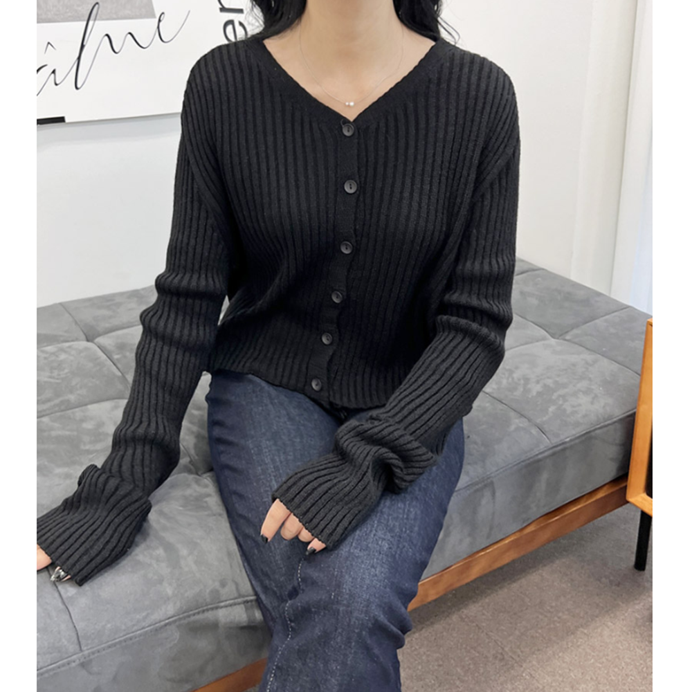 보세가디건 여자 간절기 크롭 긴팔 브이넥 골지 니트가디건 - 상세 이미지 3