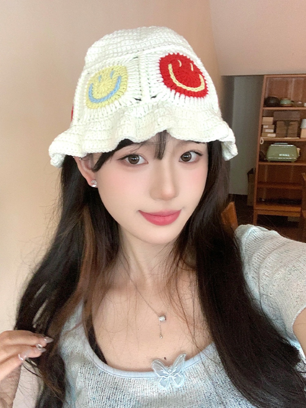 크로셰 버킷햇 모자 스마일 뜨개질 빈티지 일본풍 아이돌 무대 의상 패션 6컬러 - 상세 이미지 4