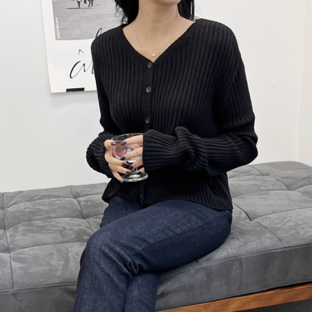 보세가디건 여자 간절기 크롭 긴팔 브이넥 골지 니트가디건 - 상세 이미지 5