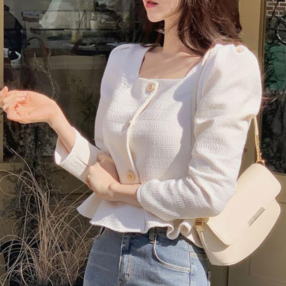 스퀘어넥 러플 블라우스 크롭 자켓 금장단추 하객룩 청순 블랙 화이트 - 상세 이미지 4