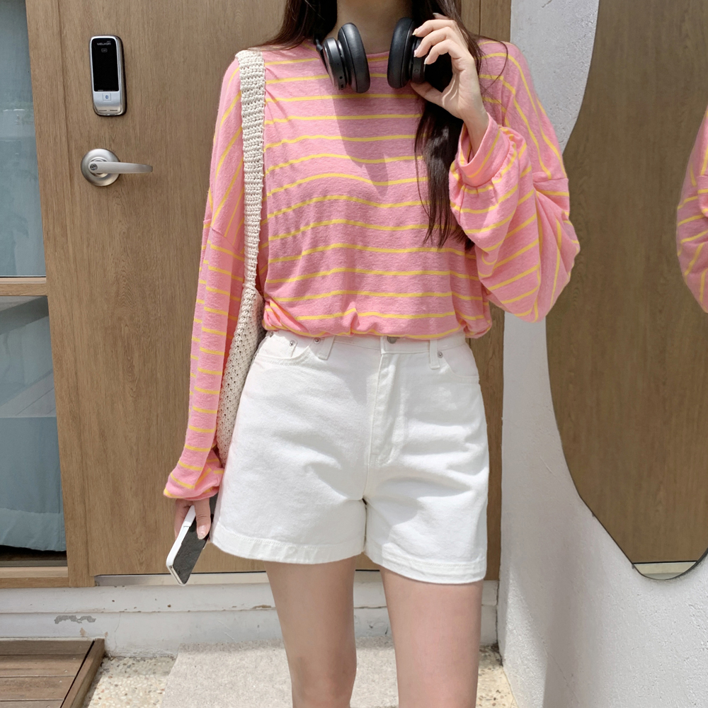 오버핏 슬라브 린넨 스트라이프 티셔츠 썸머 여성 티셔츠 얇은 박스티 여자 여름 긴팔티 - 상품 이미지