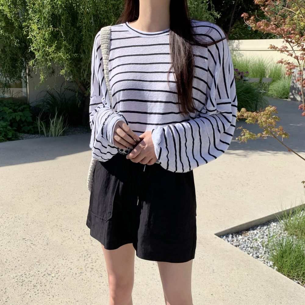 오버핏 슬라브 린넨 스트라이프 티셔츠 썸머 여성 티셔츠 얇은 박스티 여자 여름 긴팔티 이미지 4