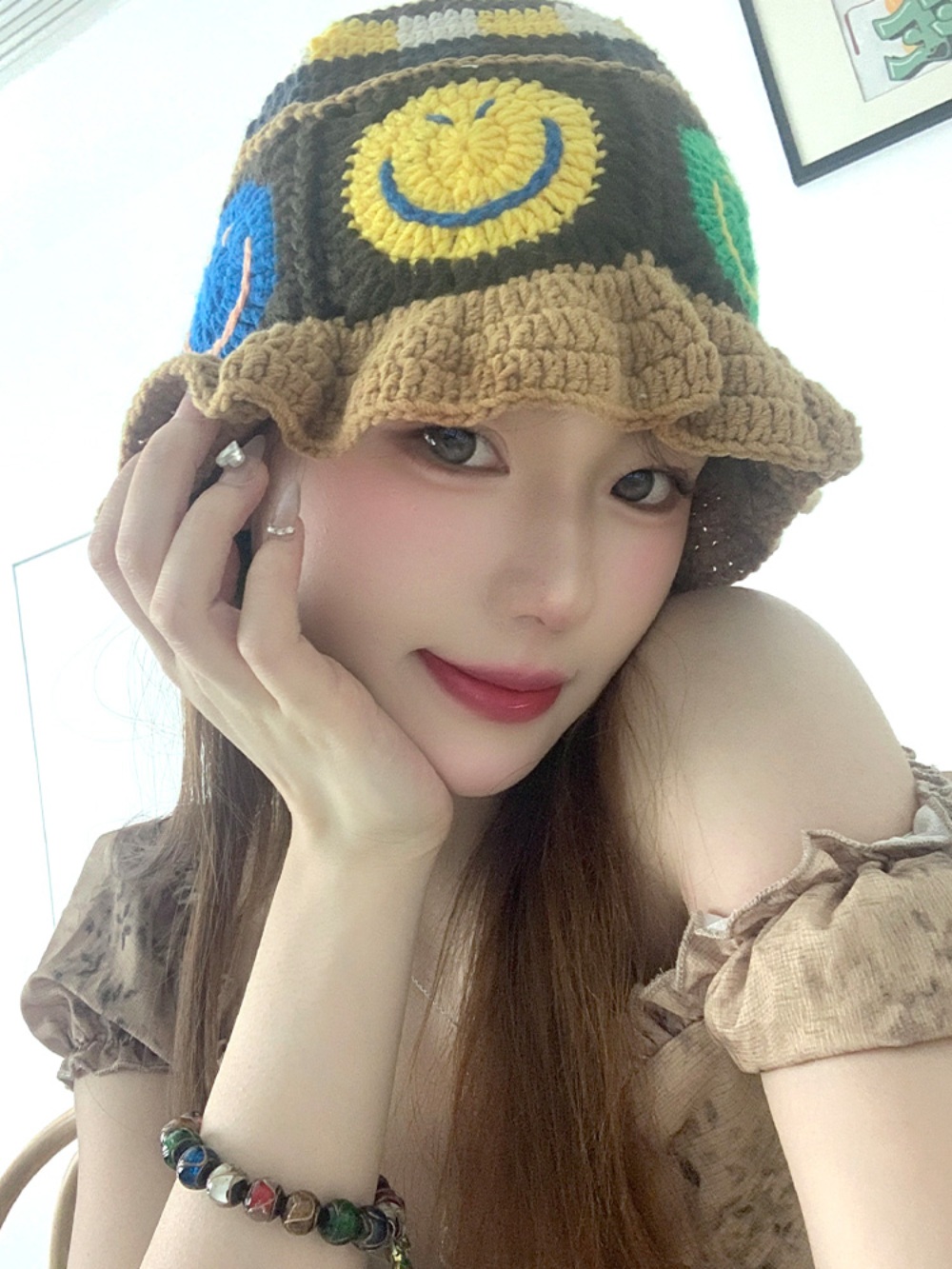 크로셰 버킷햇 모자 스마일 뜨개질 빈티지 일본풍 아이돌 무대 의상 패션 6컬러 - 상세 이미지 3