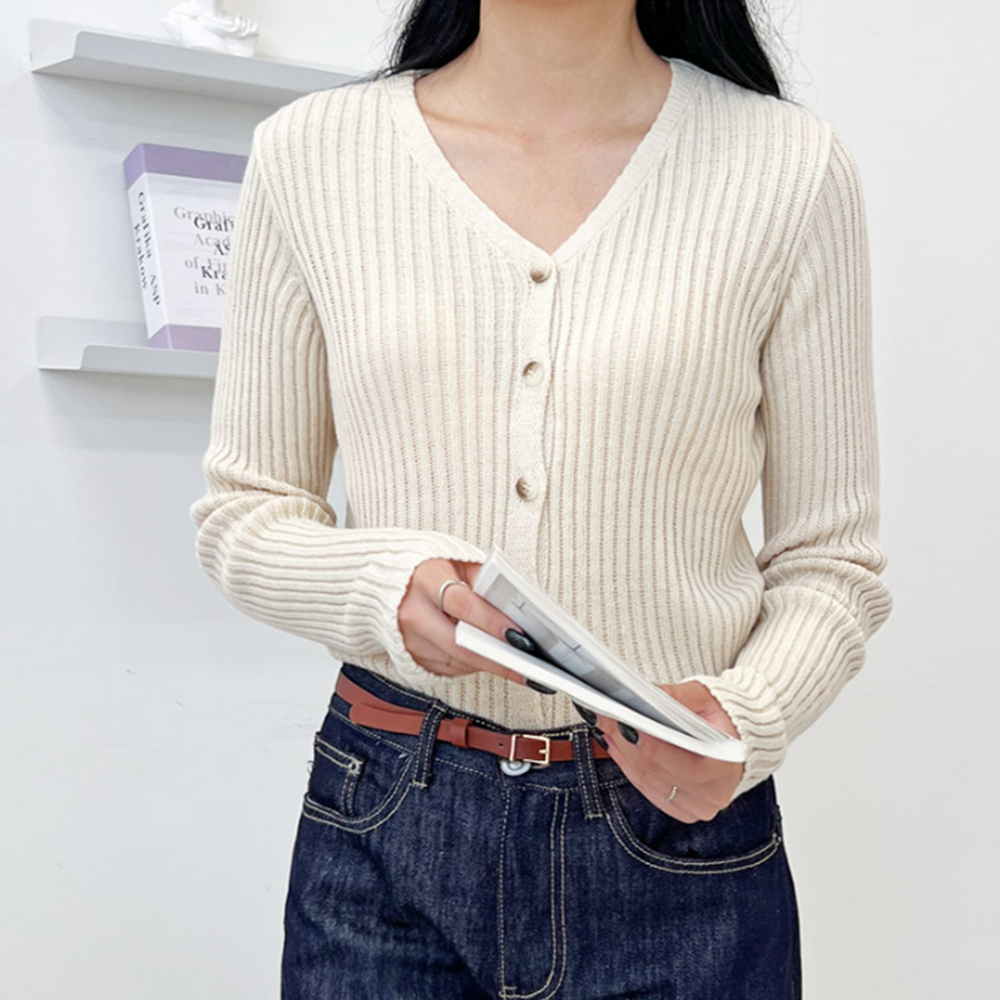 보세가디건 여성 봄 가을 간절기 브이넥 골지 니트 가디건 - 상세 이미지 2