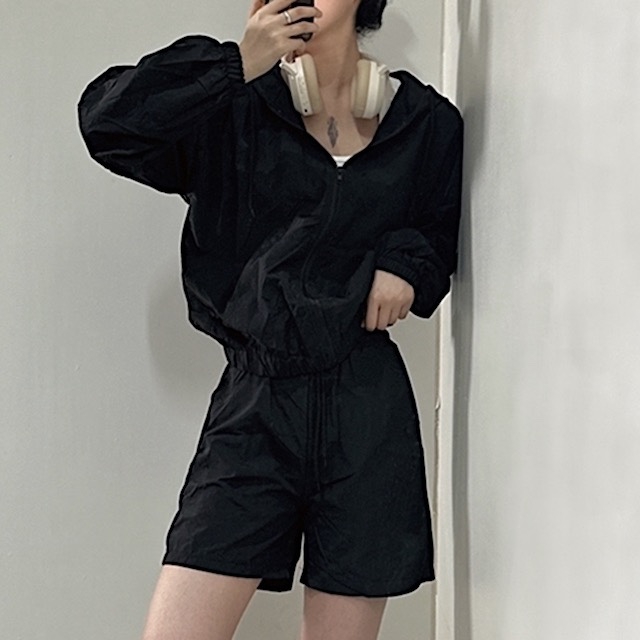 바스락 여성 트레이닝복 세트 [바람막이 츄리닝 반바지 여자 후드 집업 밴딩 바지 러닝] - 상품 이미지