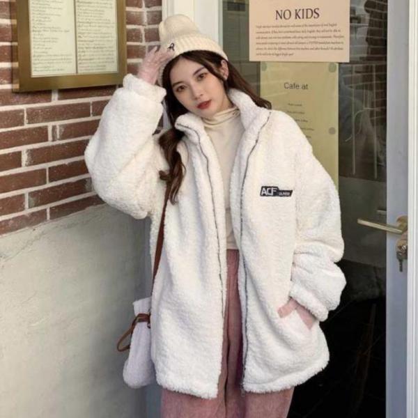 여성 흰색 뽀글이 후리스 자켓 집업 바람막이 점퍼 : 둥근라이프