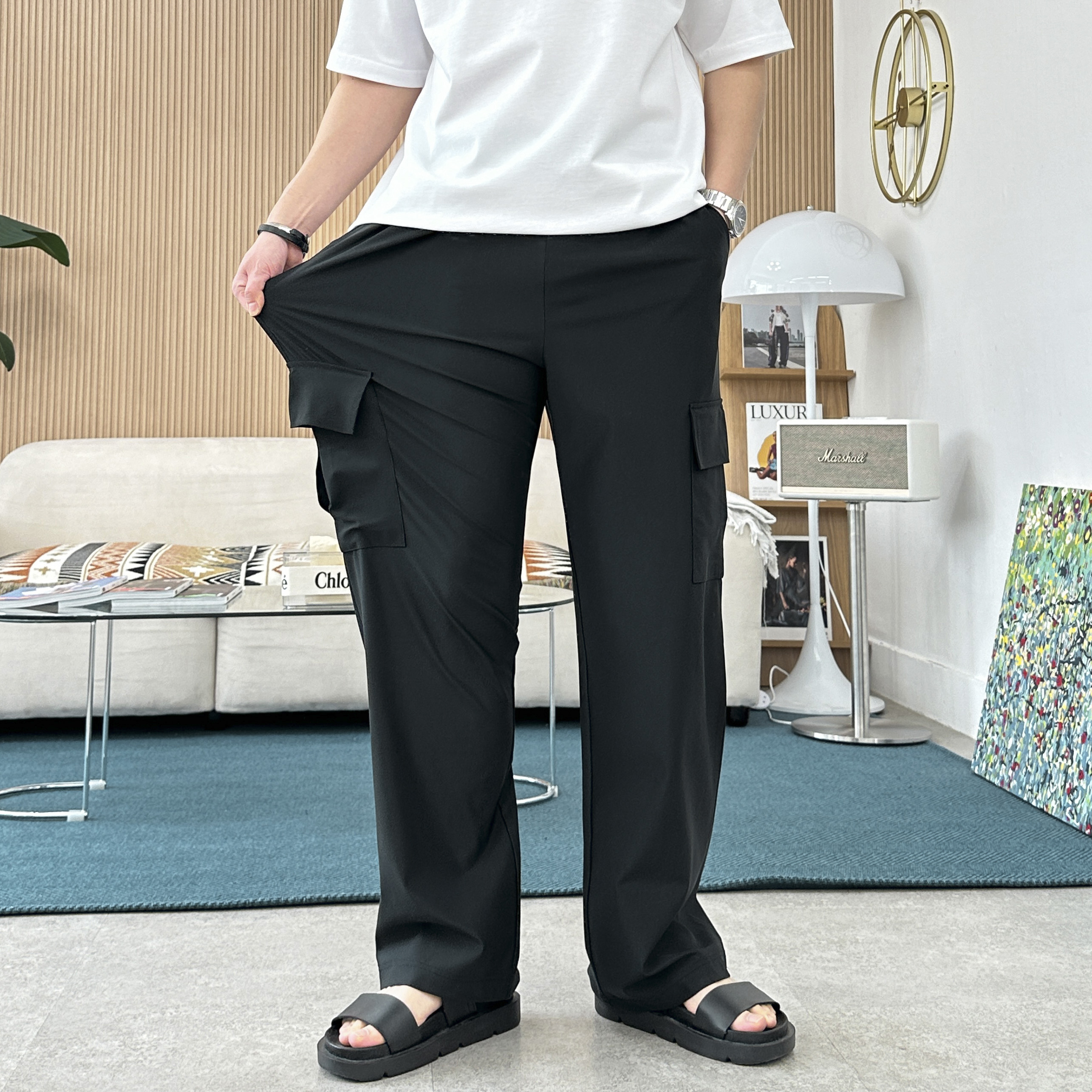 3XL까지 남자 여름 아이스 냉장고 바지 냉감 나일론 스판 카고 와이드 밴딩 팬츠 4color - 상세 이미지 3