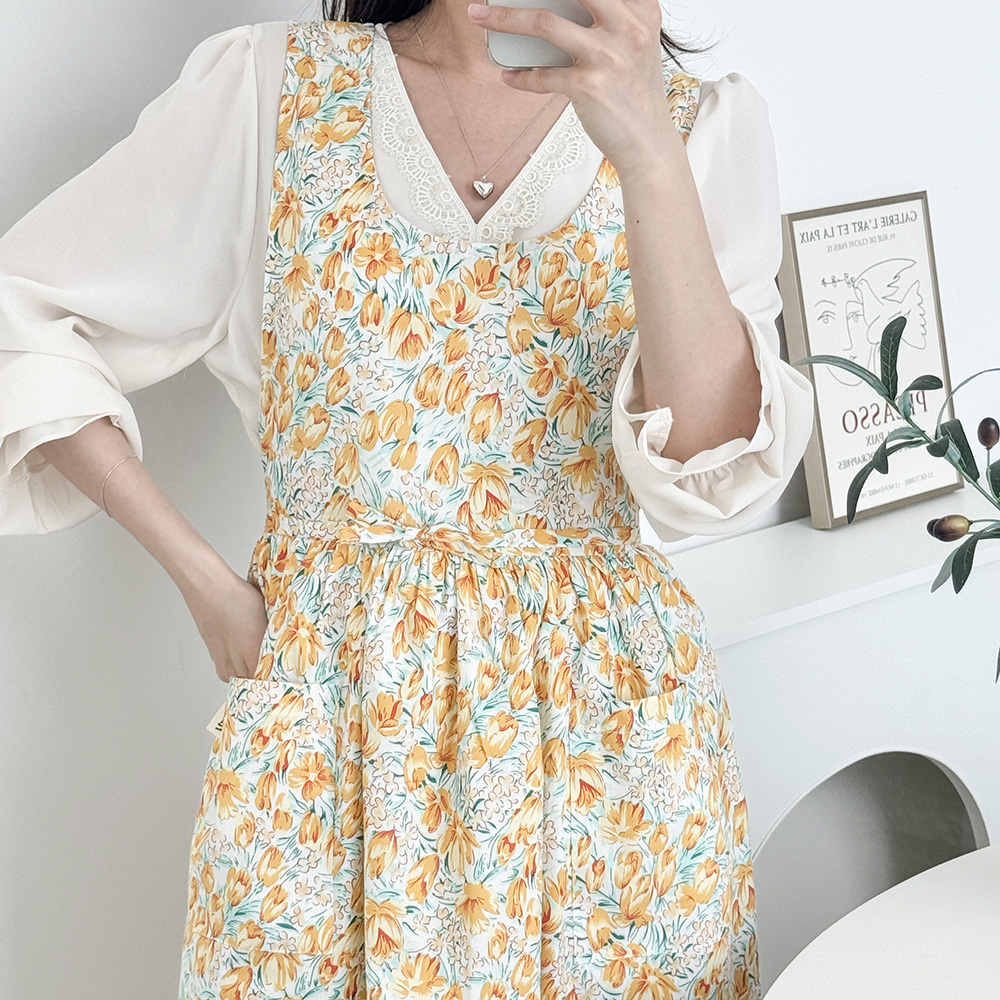 한스데이 튤립 미니버드 에이프런 꽃무늬 여름 원피스 앞치마