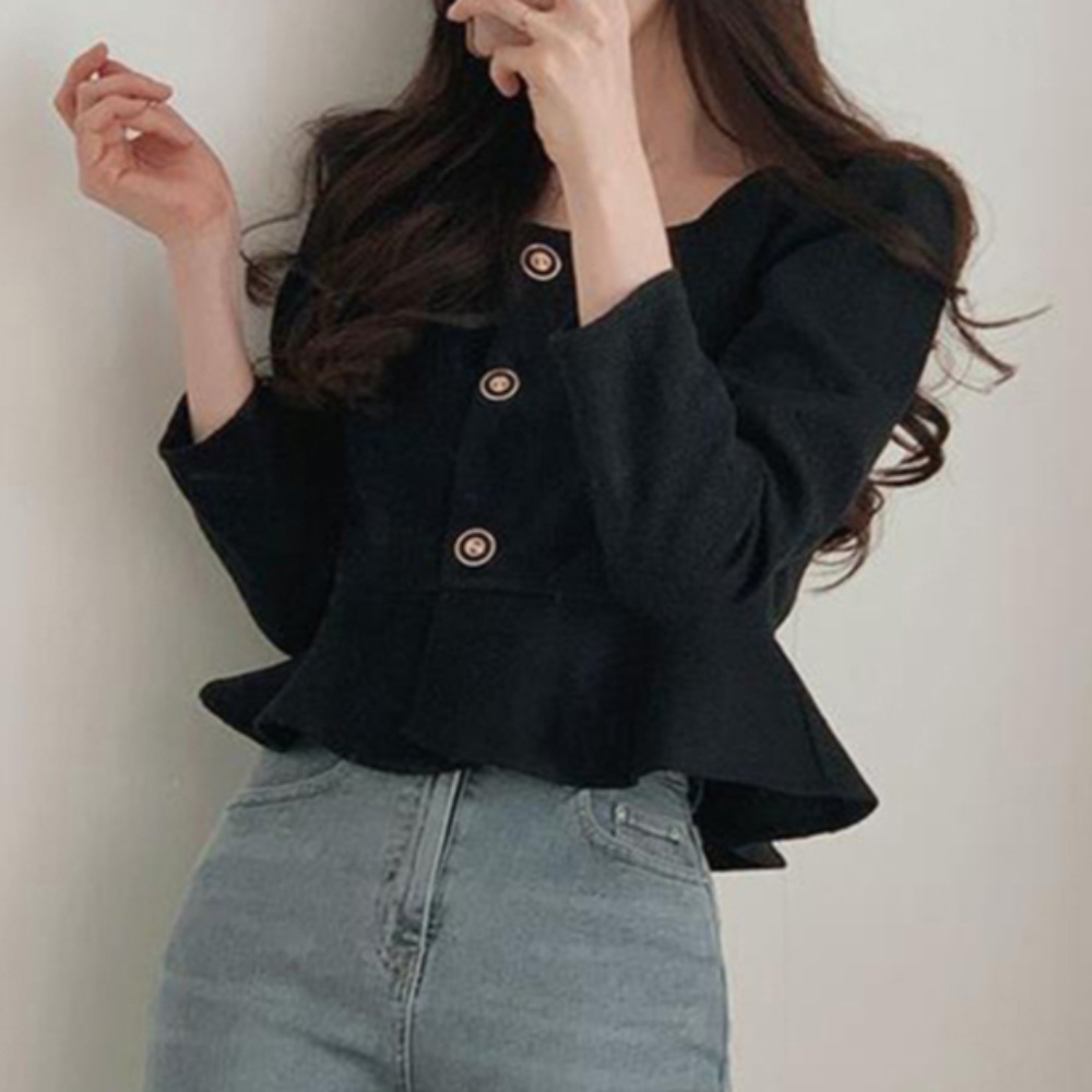 스퀘어넥 러플 블라우스 크롭 자켓 금장단추 하객룩 청순 블랙 화이트 - 상품 이미지
