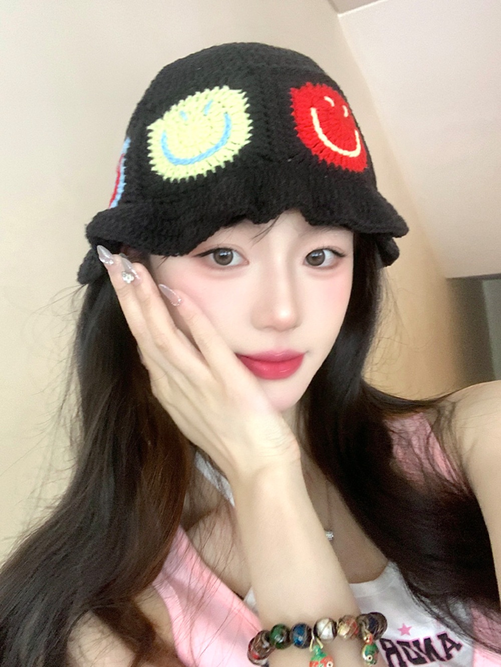 크로셰 버킷햇 모자 스마일 뜨개질 빈티지 일본풍 아이돌 무대 의상 패션 6컬러 - 상세 이미지 5
