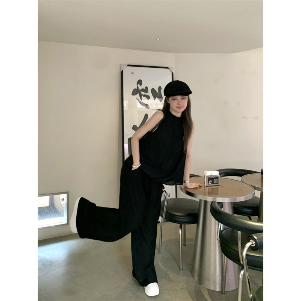 민소매 와이드팬츠 세트 얇은 여름용 올드머니룩 긱시크 클래식 비즈니스 캐주얼 2컬러 - 상세 이미지 5