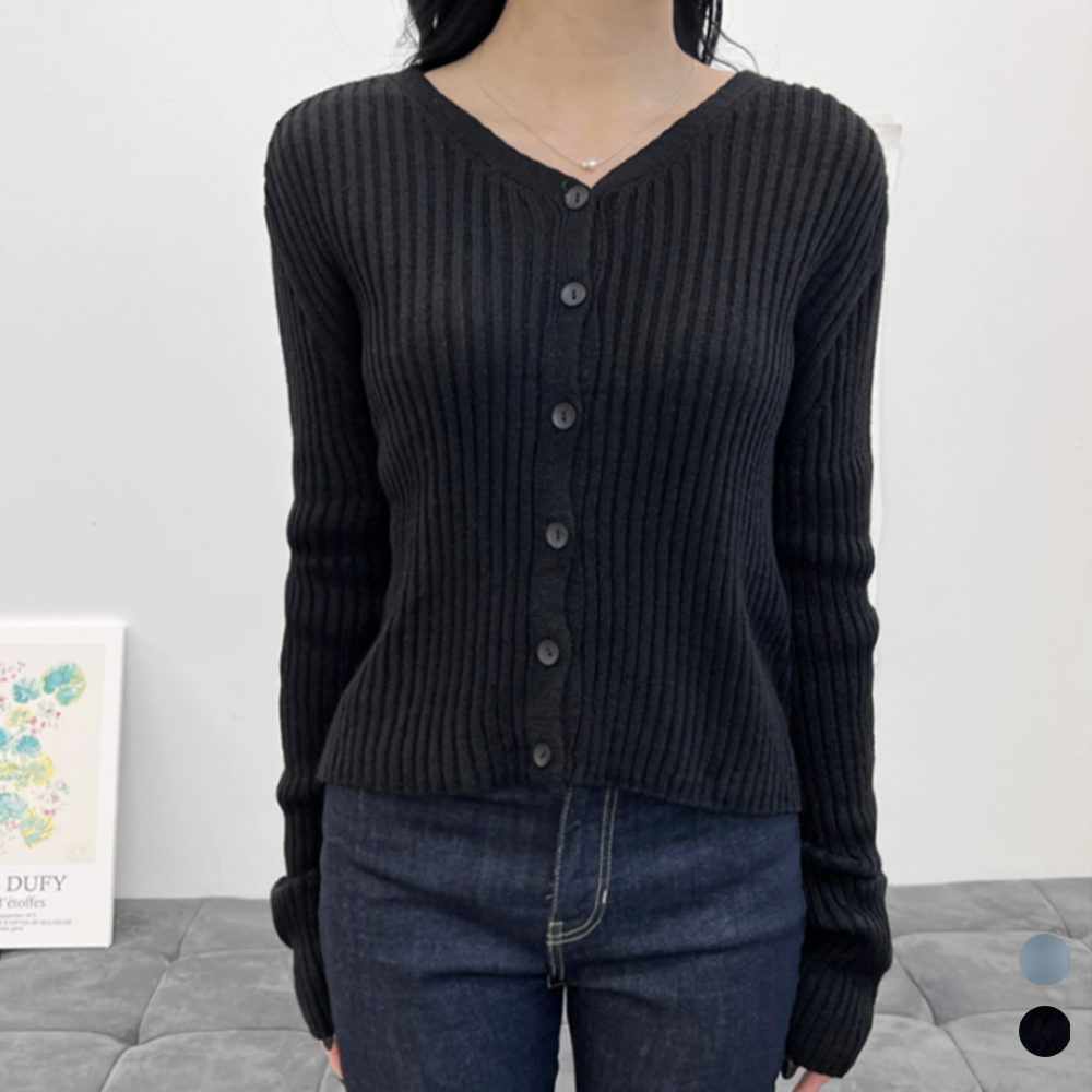 보세가디건 여자 간절기 크롭 긴팔 브이넥 골지 니트가디건 - 메인 이미지