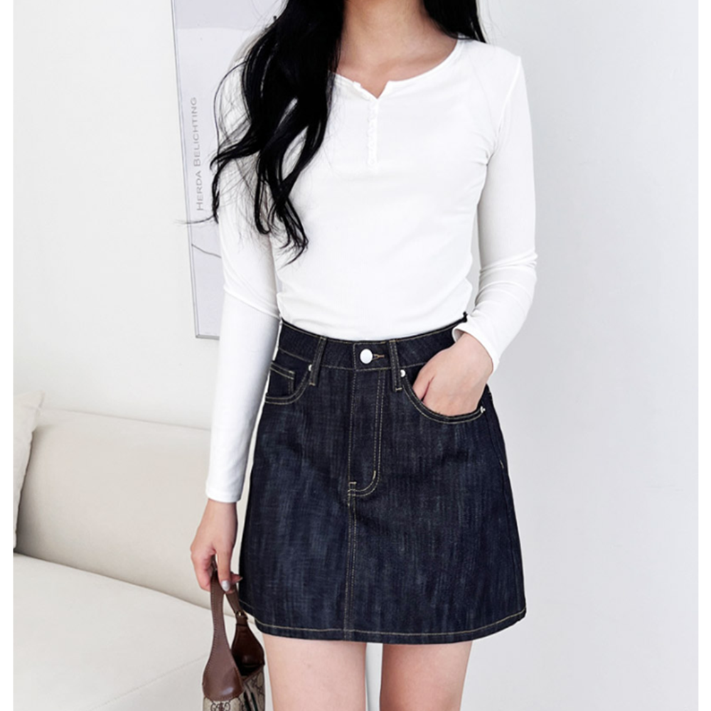 짧은청치마 여성 생지데님 진청 하이웨스트 A라인 미니스커트 - 상품 이미지