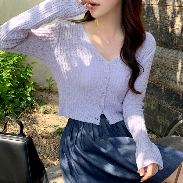 프렐린 세미크롭 골지 니트 긴팔 가디건 cd3098