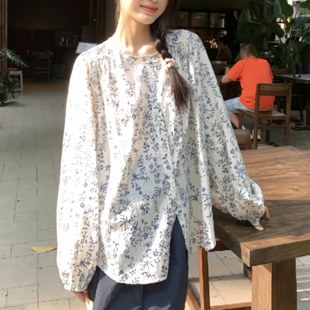 꽃무늬 노카라 블라우스 빈티지 레트로 셔츠 캐주얼 블루플라워패턴 화이트 - 상품 이미지