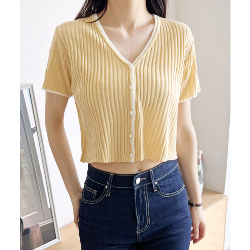 여름용가디건 여성 여름 썸머 반팔 골지 니트 크롭 배색가디건