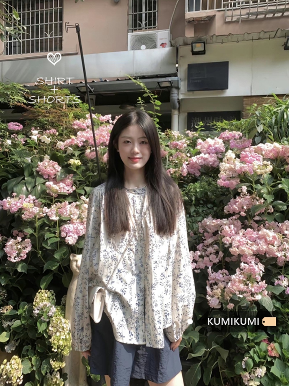 꽃무늬 노카라 블라우스 빈티지 레트로 셔츠 캐주얼 블루플라워패턴 화이트 - 상세 이미지 2