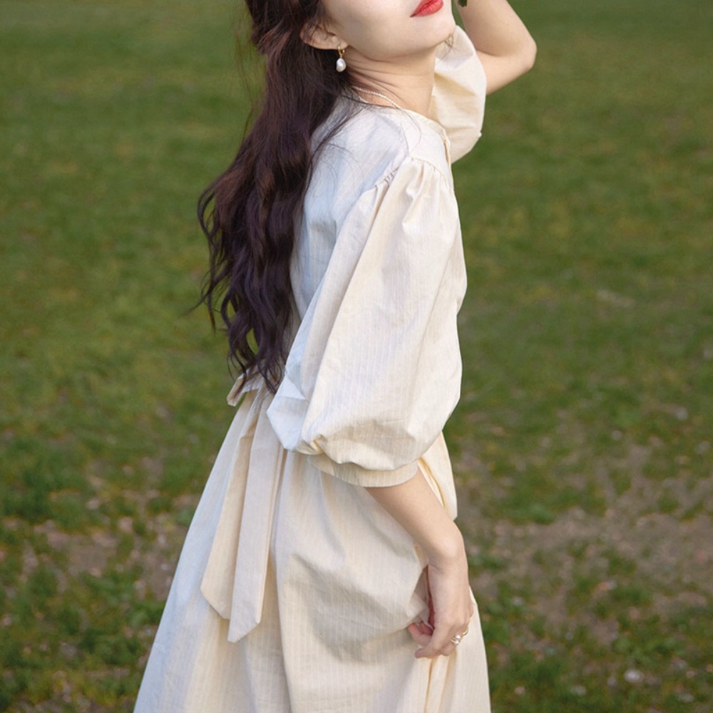 빈티지 퍼프슬리브 원피스 첫사랑 청순 드레스 하객룩 소개팅 뒷리본포인트 패션 코디 2컬러 - 상세 이미지 4