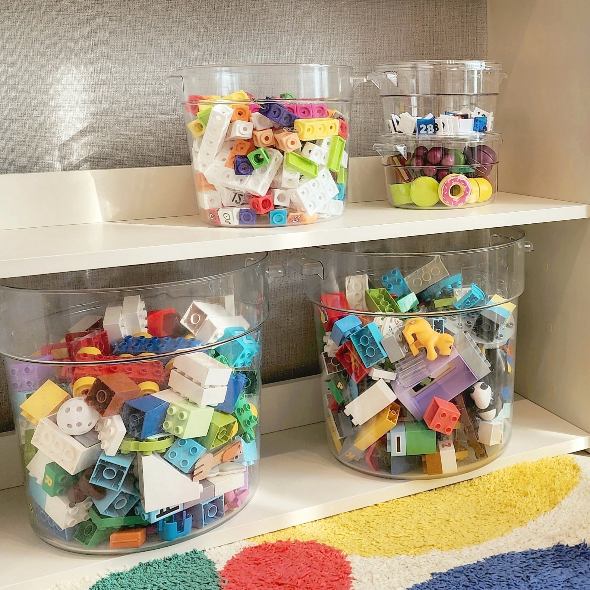 재니쓰홈 국산 투명 장난감 정리함 레고 듀플로 블럭 원형 수납함 펜트리 다용도 바구니