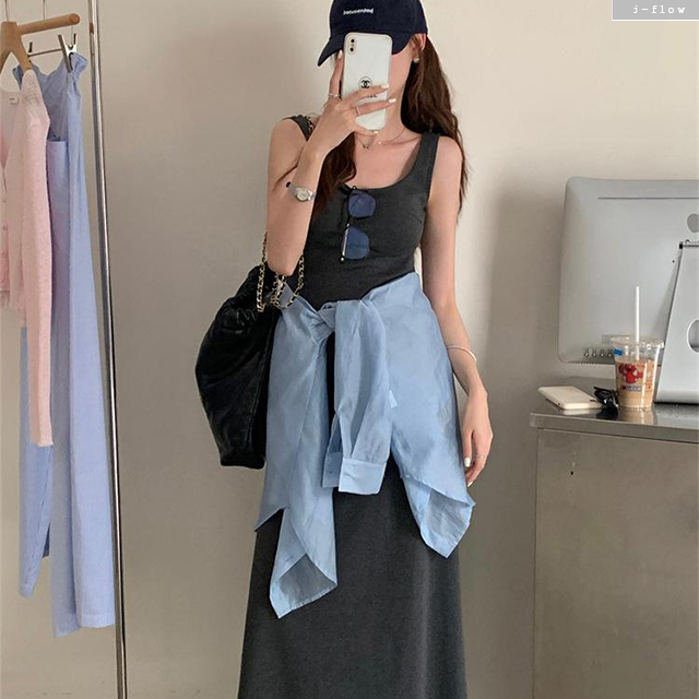 스터디 스퀘어넥 민소매 맥시 면 롱 원피스 5col 여름 스판 슬림 A라인 제이플로우 이미지 6