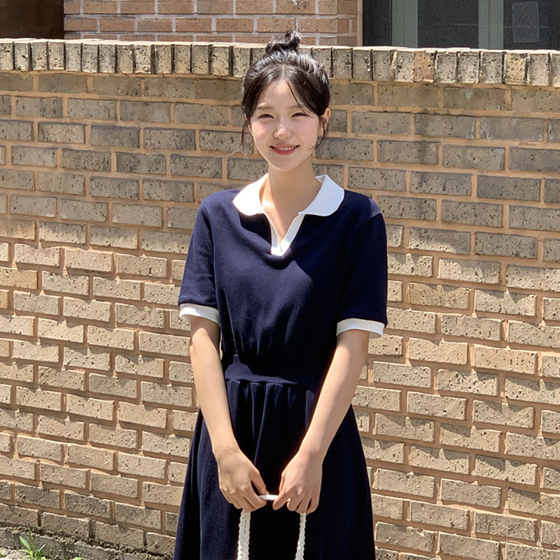 배색 카라 플레어 롱 반팔 원피스 op11376 이미지 2